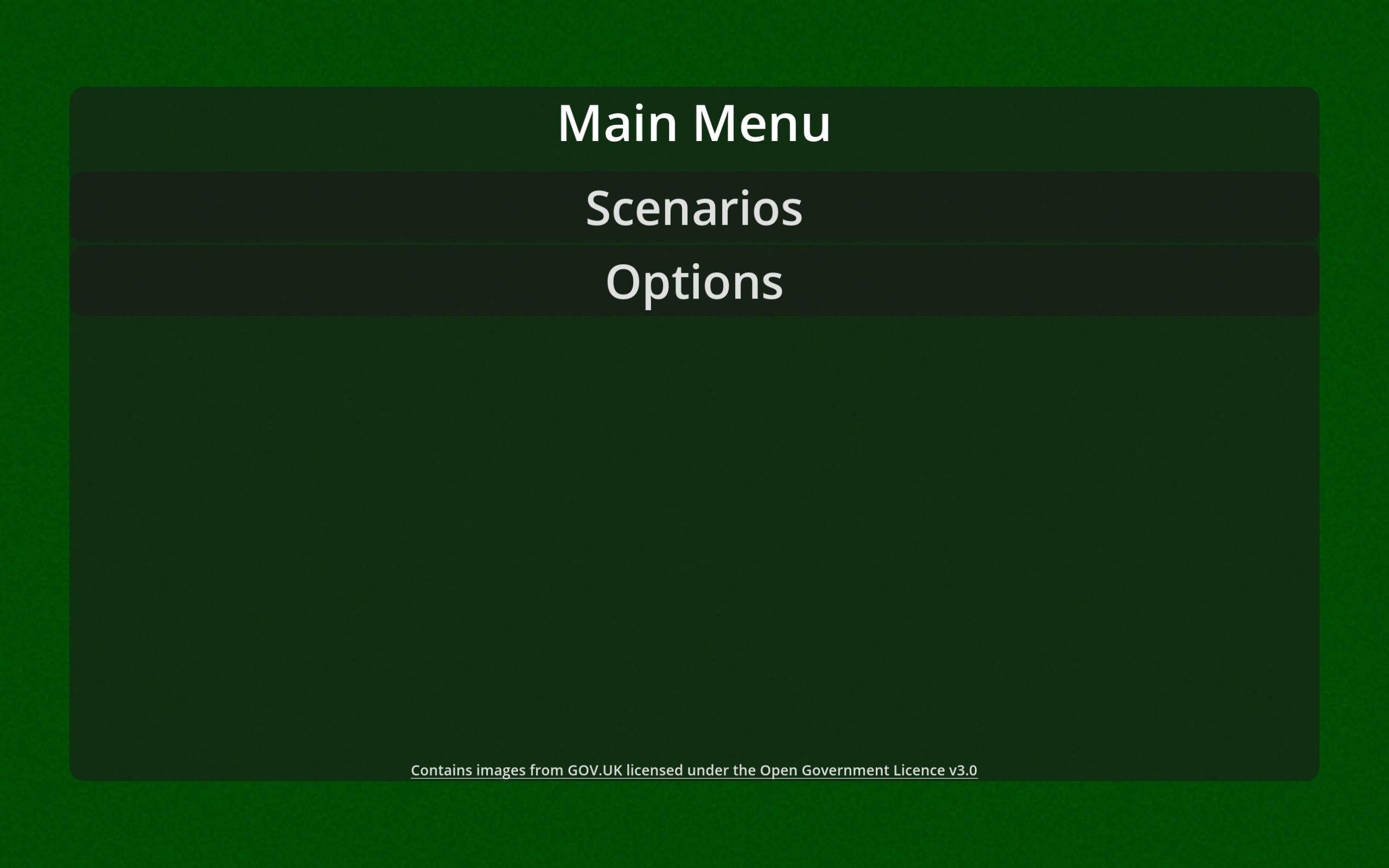 Main menu, with "Scenarios" and "Options" buttons