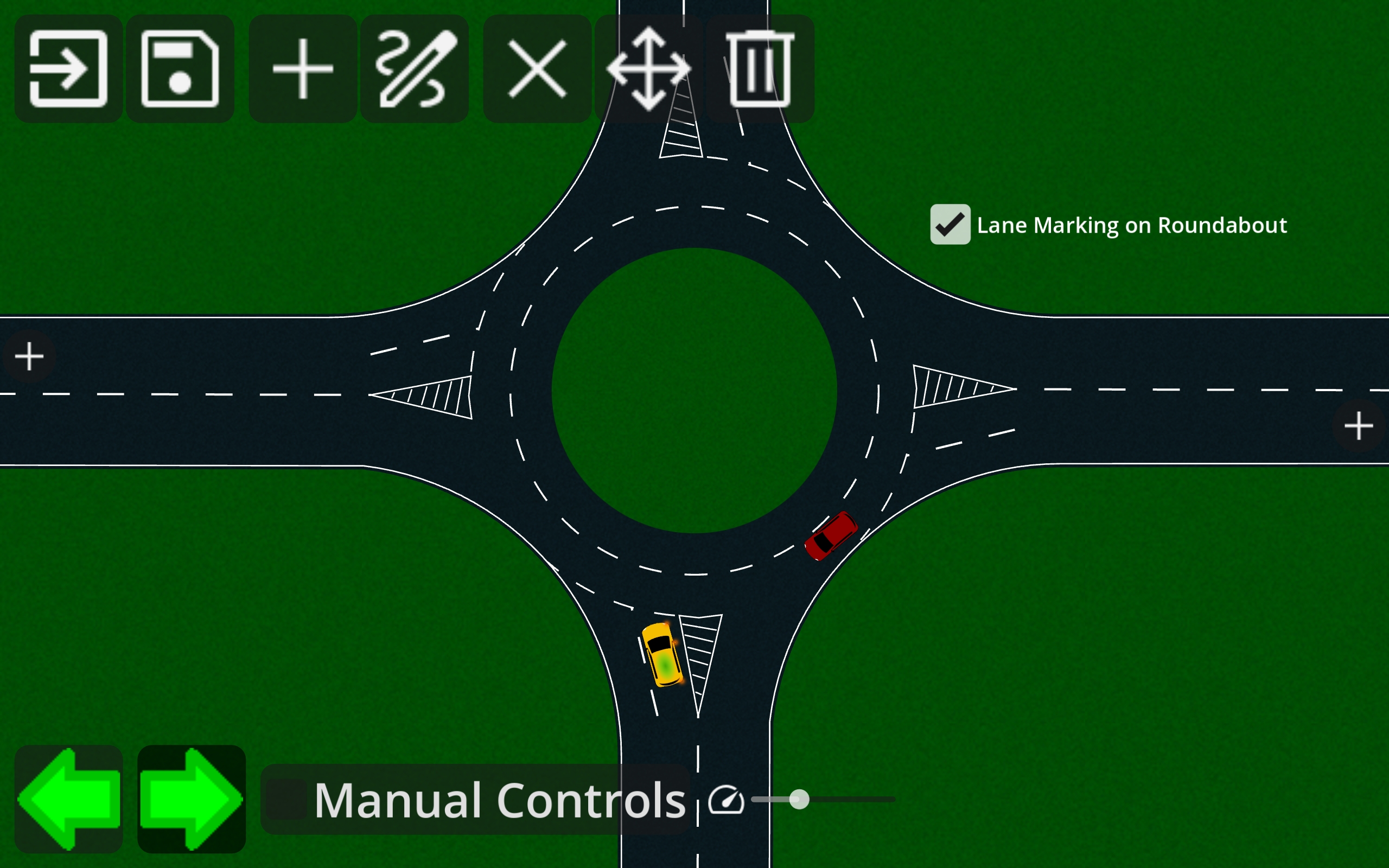 Four-way roundabout in RoadDemo, with a red car on the roundabout and yellow car waiting
